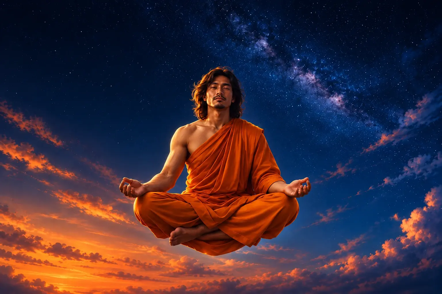 A figure in saffron robes meditating cross-legged, floating against a starlit sky above sunset clouds