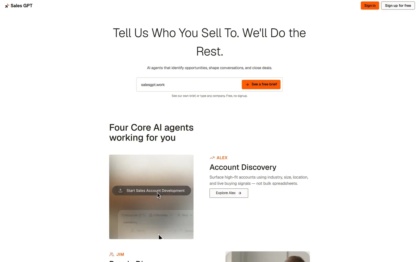 The SalesGPT.work homepage: “Tell us who you sell to. We’ll do the rest.” above its account discovery agent.